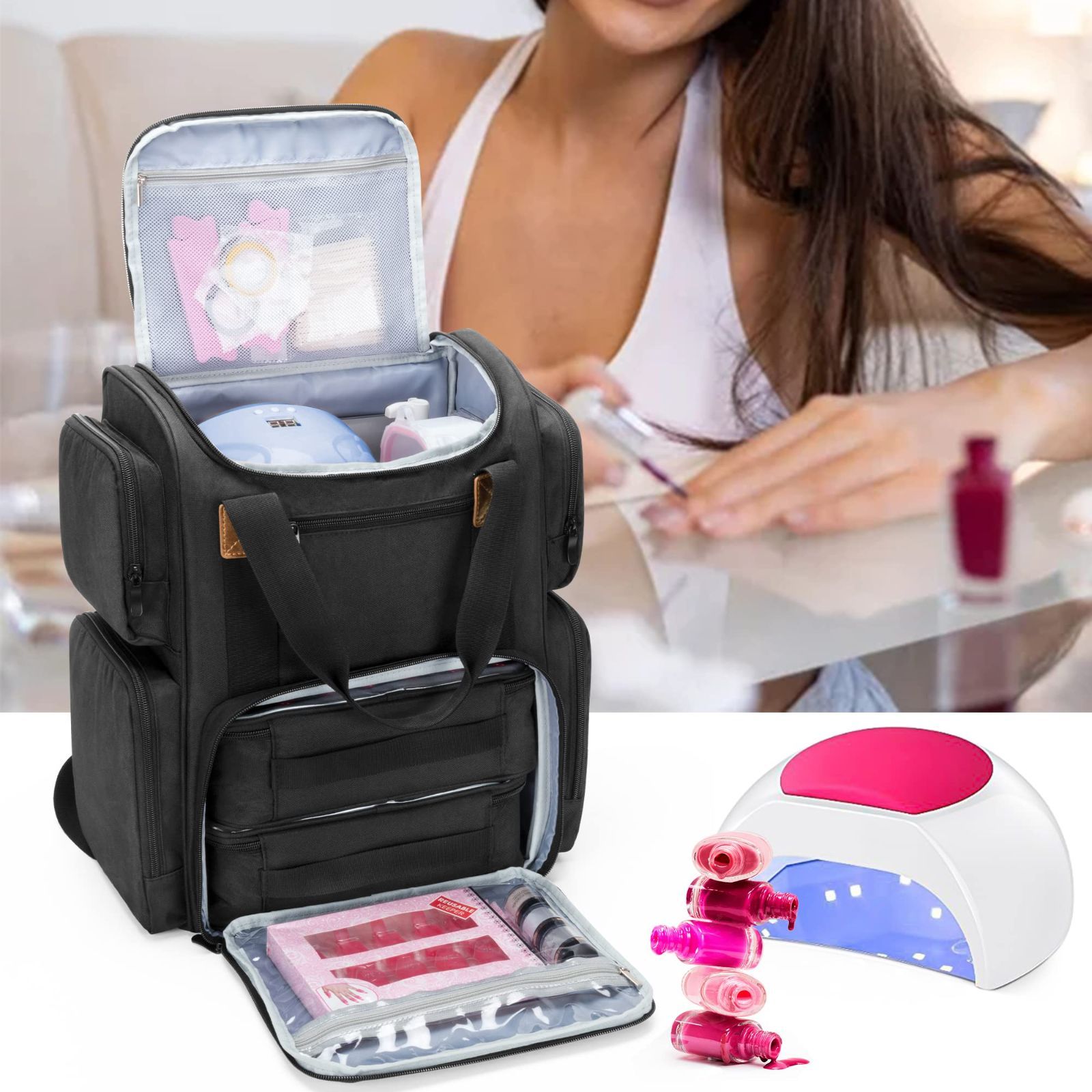 新着商品 ネイル道具 収納 ネイルライト プロ 3WAY 大容量 70ボトル用 15ml リュック 黒 マニキュアケース BAFASO