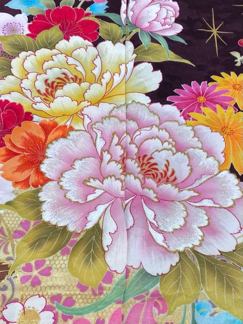 振袖 仮絵羽 刺繍 金彩 紋意匠 大輪 薔薇 牡丹 正絹 未仕立て品 八掛