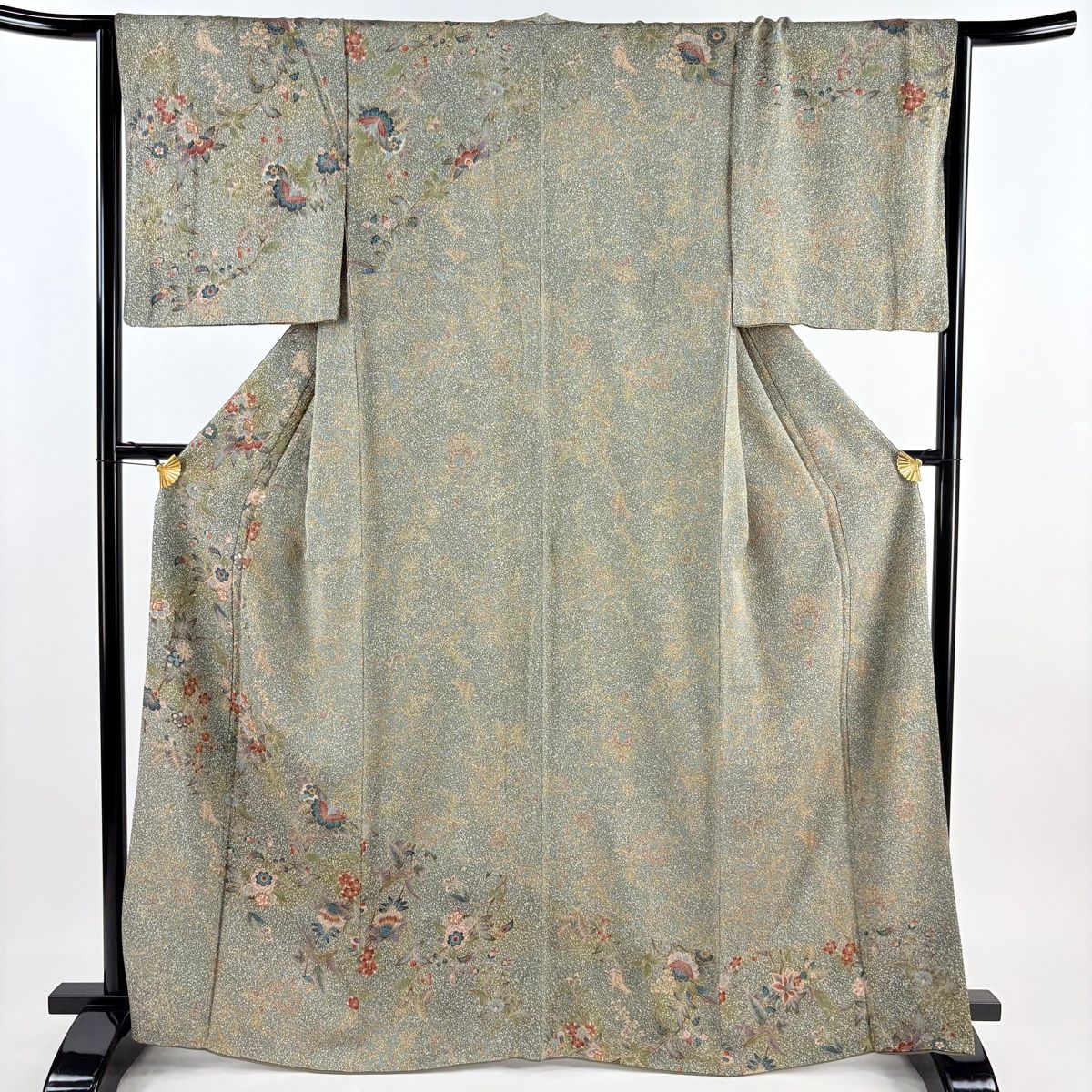 訪問着 身丈165.5cm 裄丈65cm M 袷 草花 灰緑 正絹 美品 名品 【】