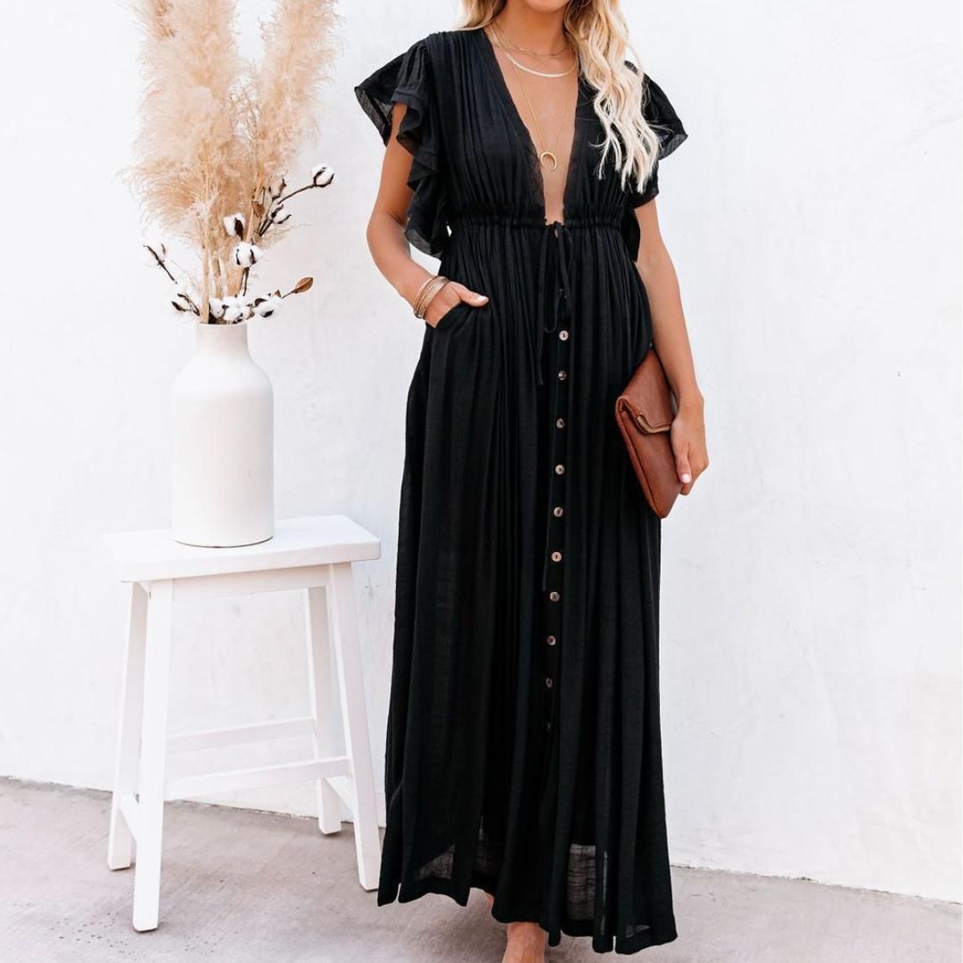 タグ付き美品　Rene　ロングワンピース Aライン パール フリル フレア 黒 さふぁ 様専用✨ルネ ロングワンピース Aライン パール フリル フレア