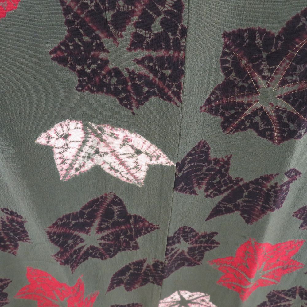 羽織 アンティーク 絞り 長羽織 紅葉文様 正絹 緑色 レトロモダン 羽織