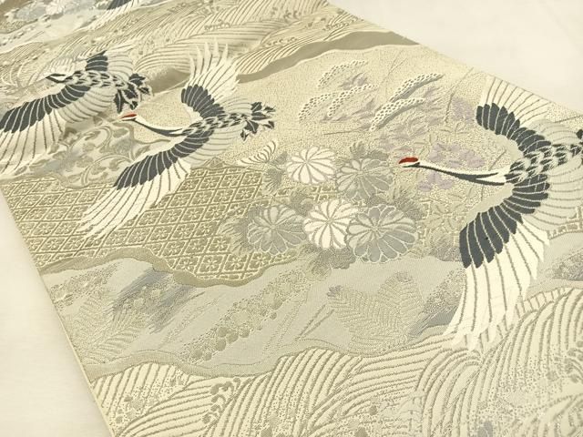 平和屋着物◎六通柄袋帯 唐織 飛鶴草花文 銀糸 正絹 逸品