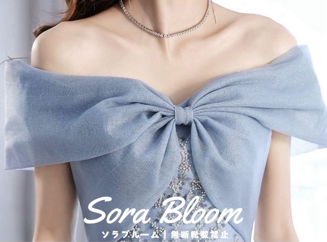 小花柄の様なデザインにリボンのオフショルが可愛い ドレス 新品・未使用】小花柄の様なデザインにリボンのオフショルが