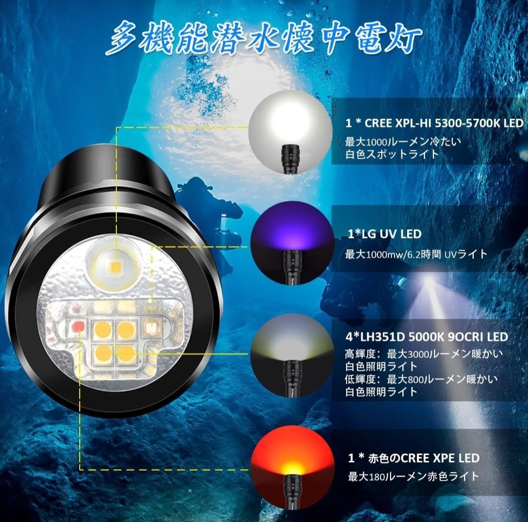 Wurkkos ダイビングライト DL07 LED 懐中電灯 防水 3000LM 超高輝度 水中ライト  写真撮影用の広角/スポット/UV/赤色四種類ライト ダイビング懐中電灯 LED採用 水中100Mまで使用(バッテリーと充電器付き)