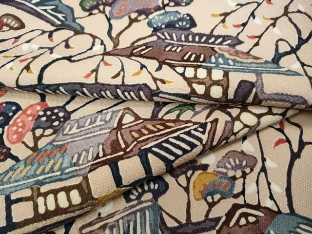 平和屋着物●上質な小紋 型染め 風景草花文 鬼しぼ縮緬 正絹 ♥ CAAY5146ut