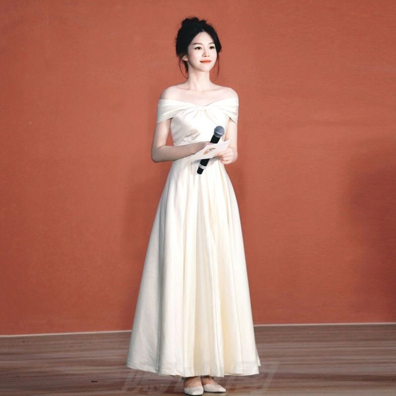 ホワイト サテンドレス オフショルダー Aライン ロング丈 レディース 結婚式 二次会 披露宴 司会 受付 登記 記念日 フレンチ風 XS～3XLWP 109