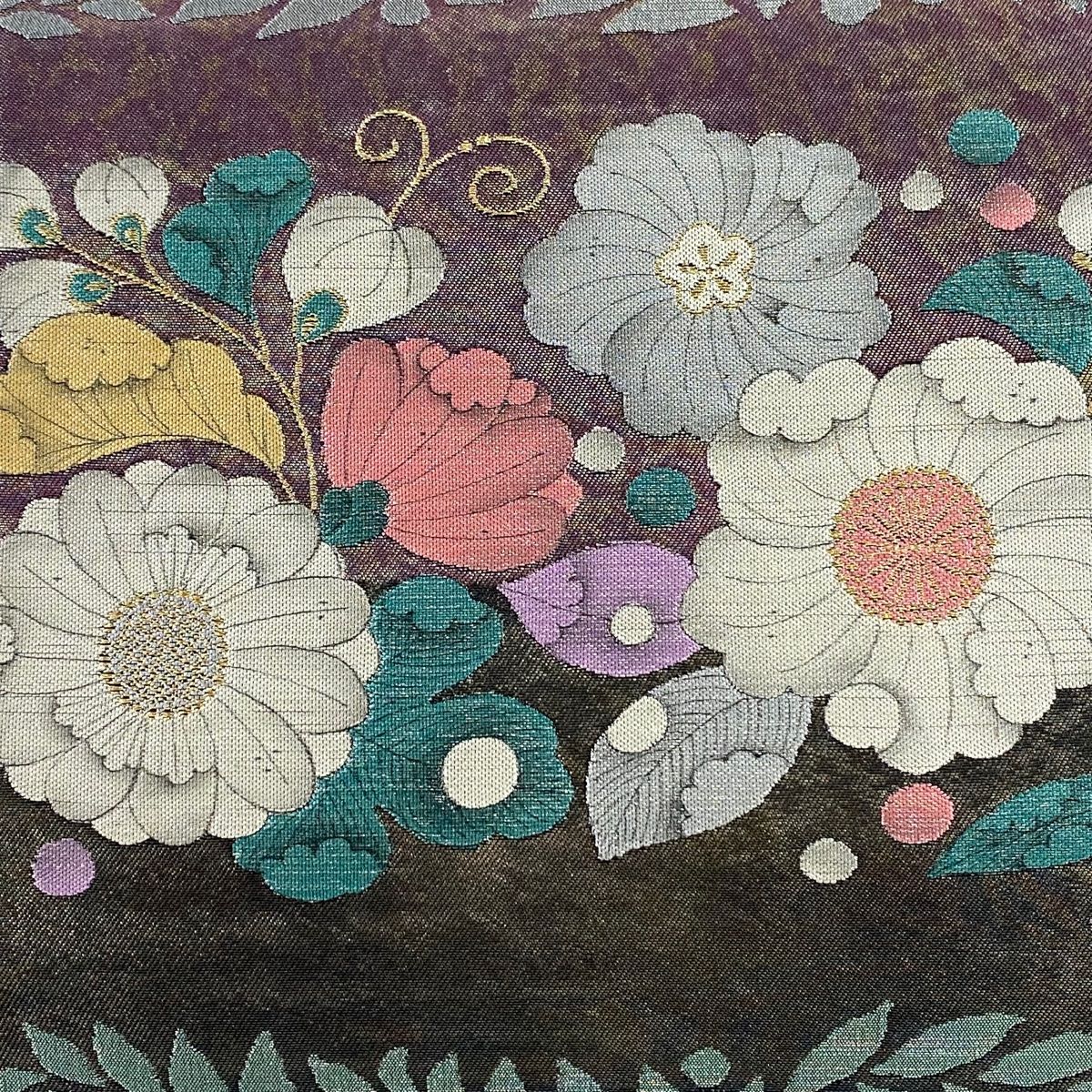 袋帯 秀品 辻ヶ花 横段 箔 黒灰 お太鼓柄 正絹