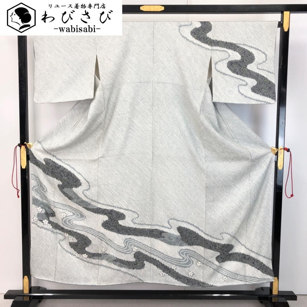 訪問着 総絞り 流水模様 中国刺繍 花模様 沈香茶色 ガード加工 K-5427