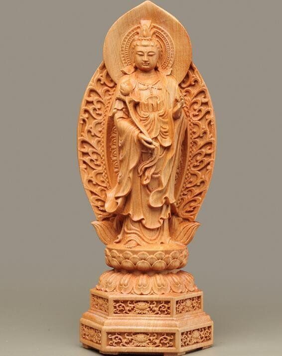 崖柏木彫り仏像家座敷玄関にバックライト付き観音置物を奉納20cm