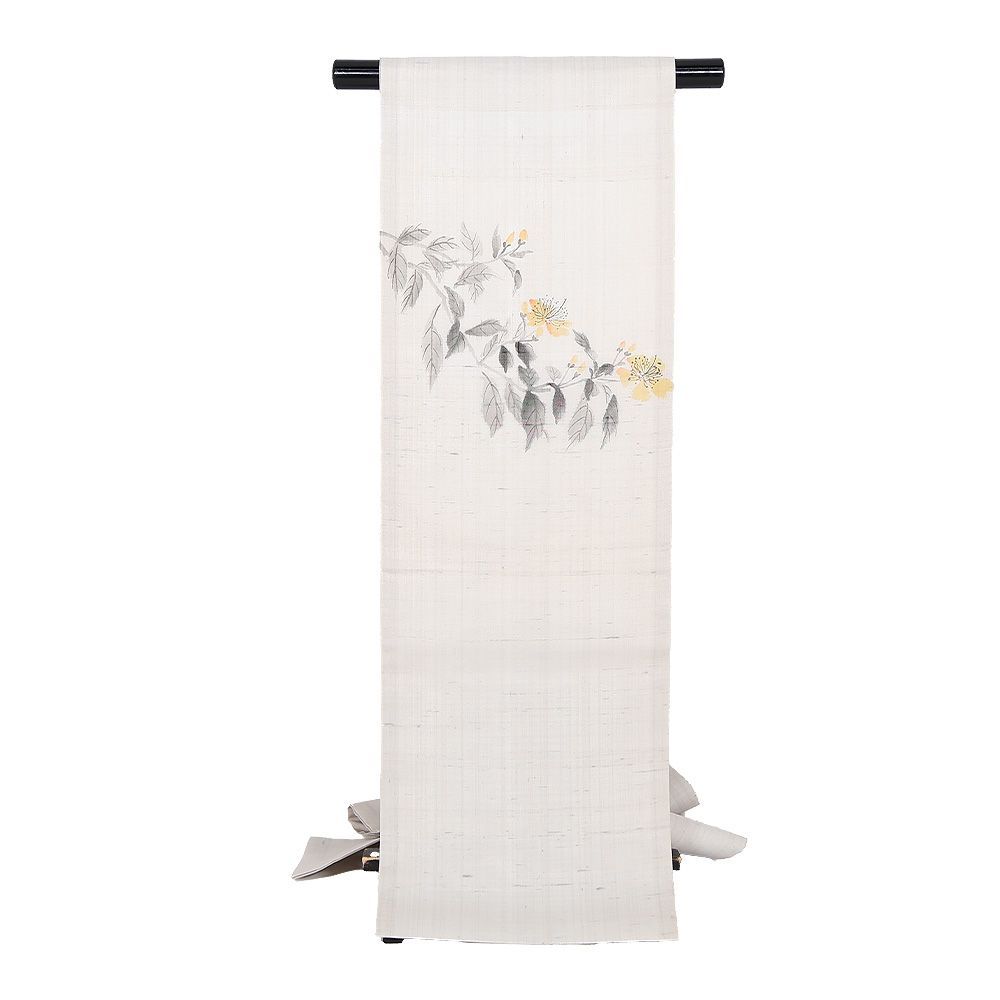 絹芭蕉 名古屋帯 正絹 ライトグレー 手描き 花柄 N3029 未使用品