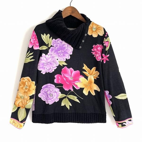 wxc レオナール LEONARD ニット・セーター LL 黒 マルチ タートル 花柄