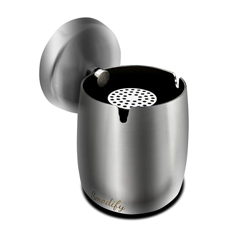 Smodify 灰皿 ふた付き 屋外 卓上 中サイズ 大容量 ステンレス はいざら (中, シルバー)