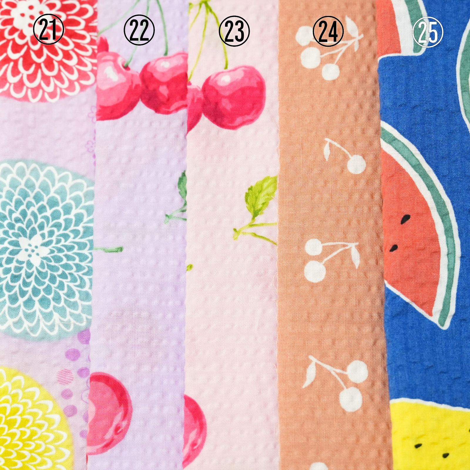 [KO]リップル 生地 はぎれ 約8ｍ以上 まとめ売り セット 37点 無地 幾何学 波 葉 花 すいか さくらんぼ ヤシの木 夏 小物