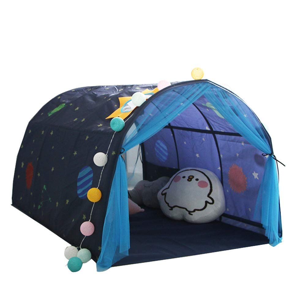 数量 子供用 ベッドテント プレイハウス キッズプレイテント 部屋のインテリア トンネルテント ベッド転倒防止 ベビー寝ているおもちゃ 2-14歳 蚊帳付きブルー