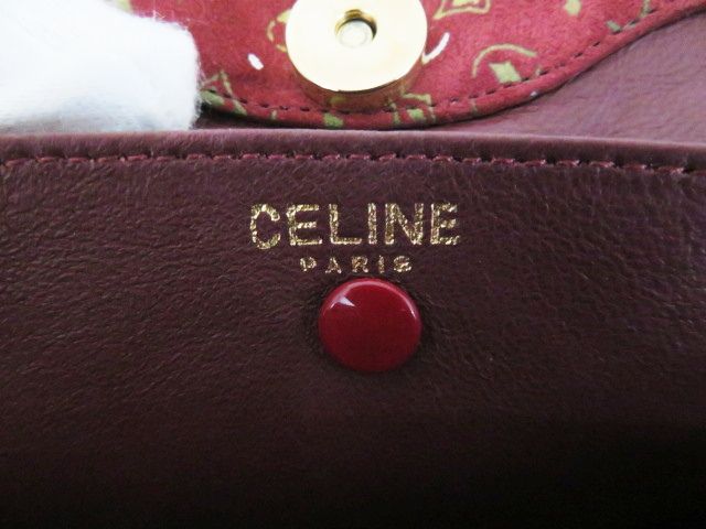 T05 CELINE セリーヌ ヴィンテージ 総柄 スエード チェーン ショルダーバッグ ボルドー系