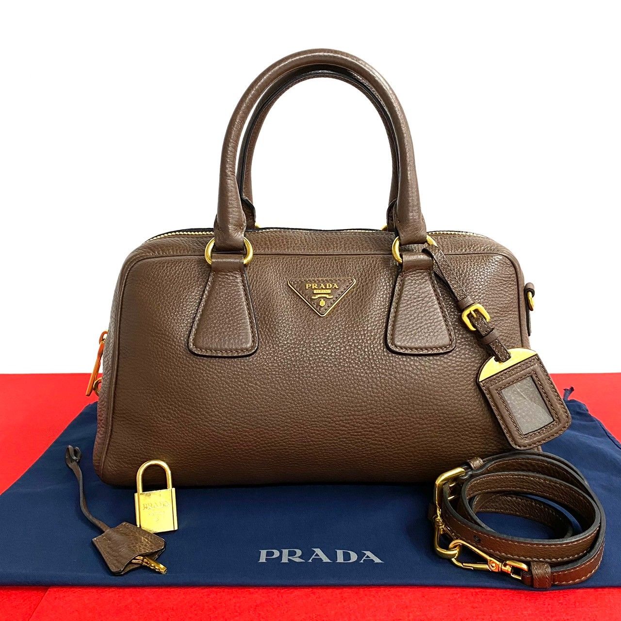 極 美品 PRADA プラダ ロゴ 金具 レザー 2way ミニボストン