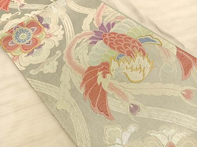 細密織 紹巴 袋帯 鳳凰 鳥 兎 動物 牡丹 金糸 正絹 六通 Q726 細密織 紹巴 袋帯 鳳凰 鳥 兎 動物 牡丹 金糸 正絹 六通 Q726