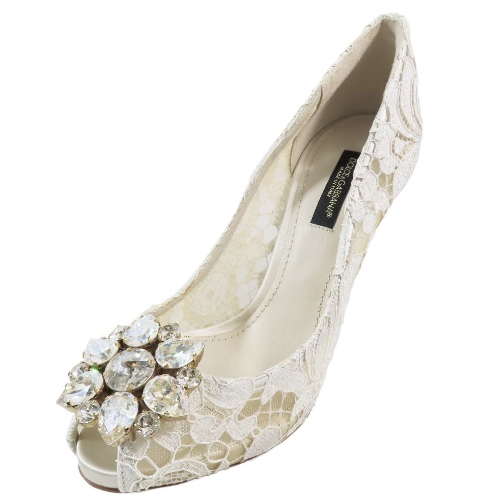 DOLCE-GABBANA ドルチェ＆ガッバーナ Bellucci 総レース ビジュー パンプス ハイヒール オープントゥ シューズ 36.5 ホワイト レディース 古着