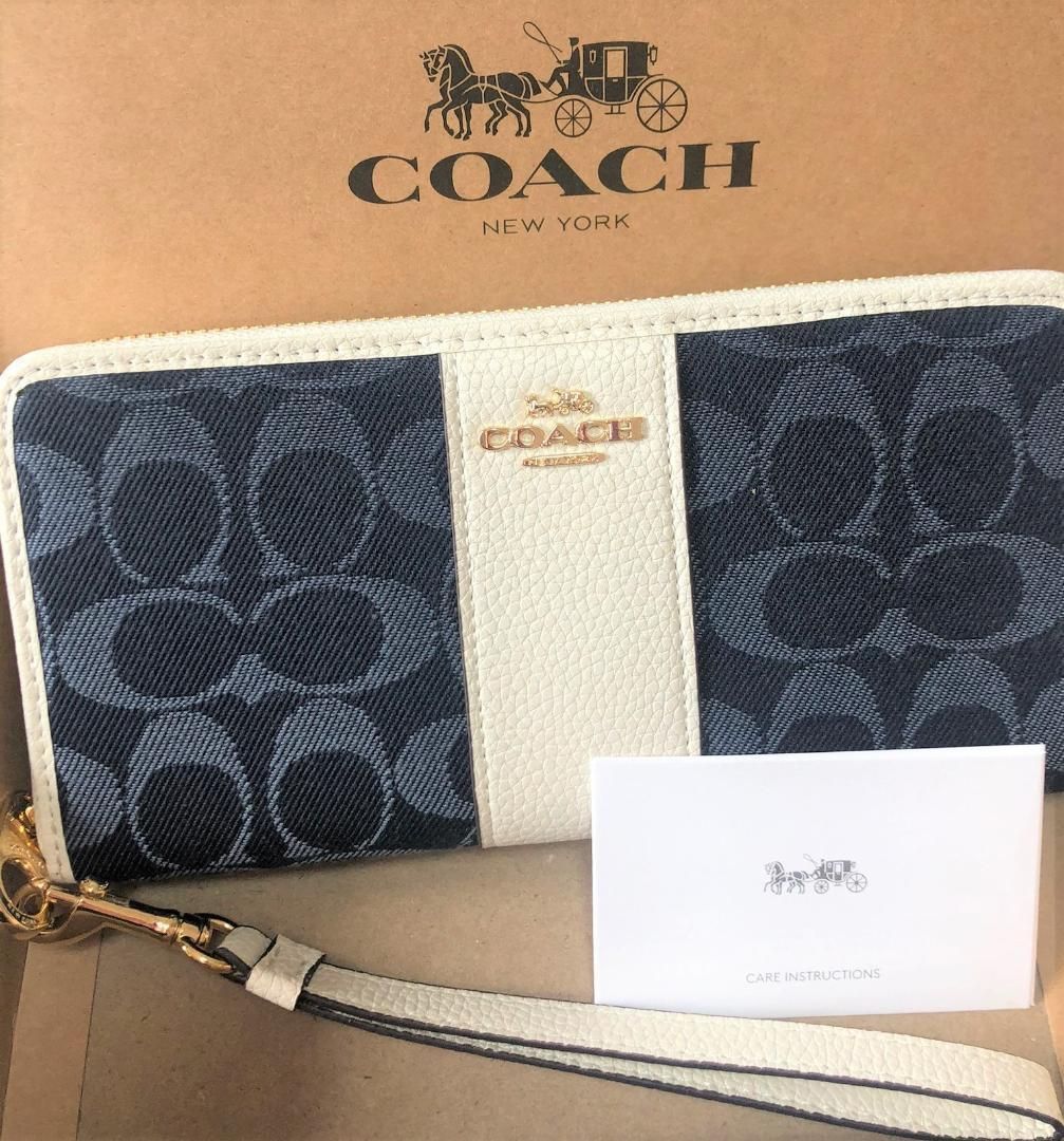 COACH 新品 長財布 メンズ レディース コーチ 濃紺 白 財布 107-