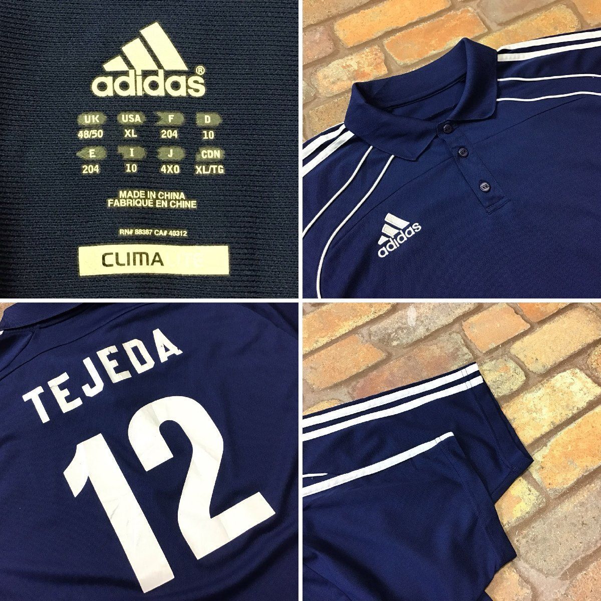 ME12-961★USA限定品★【ADIDAS】CLIMALITE 3ライン 刺繍ロゴ ナンバリングプリント 半袖 ポロシャツ【メンズ XL】紺 サッカー スポーツ