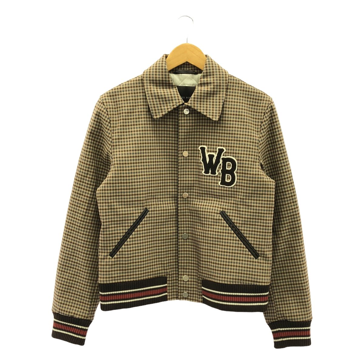 WALES BONNER | ウェールズボナー | 2025AW | Homecoming Varsity Jacket コットンレーヨン チェック 中綿 スタジャン | S | ブラウン | ベージュ | オフホワイト | レッド | メンズ