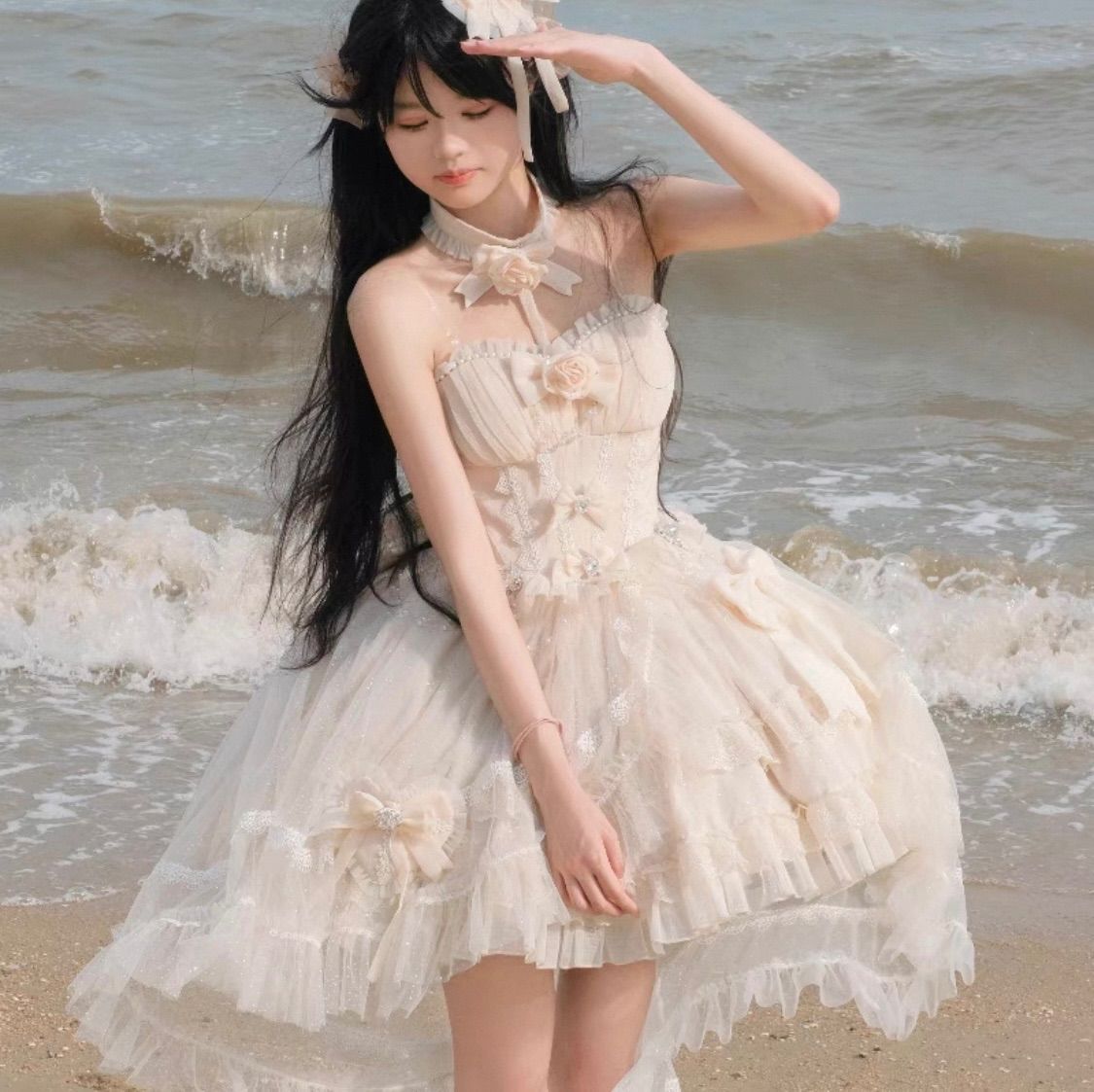 天使系ロリータ ホワイトワンピース フリル高低差スカート 撮影衣装に最適