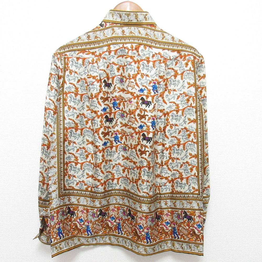 良品 HERMES エルメス CHASSE EN INDE スカーフ柄 長袖シルクシャツ  
