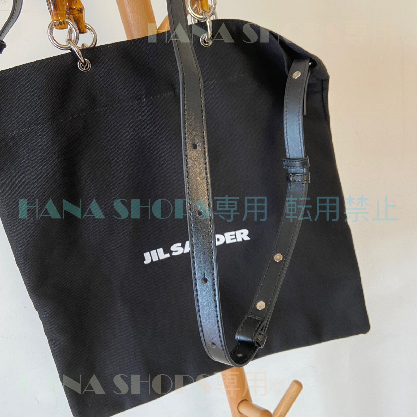 人気 美品 JIL SANDER ジルサンダー BAMBOO SHOPPER SQUARE ファッション レディース 2way バッグ バンブーハンドル ロゴプリント トートバッグ ハンドバッグ ショルダーバッグ ブラック