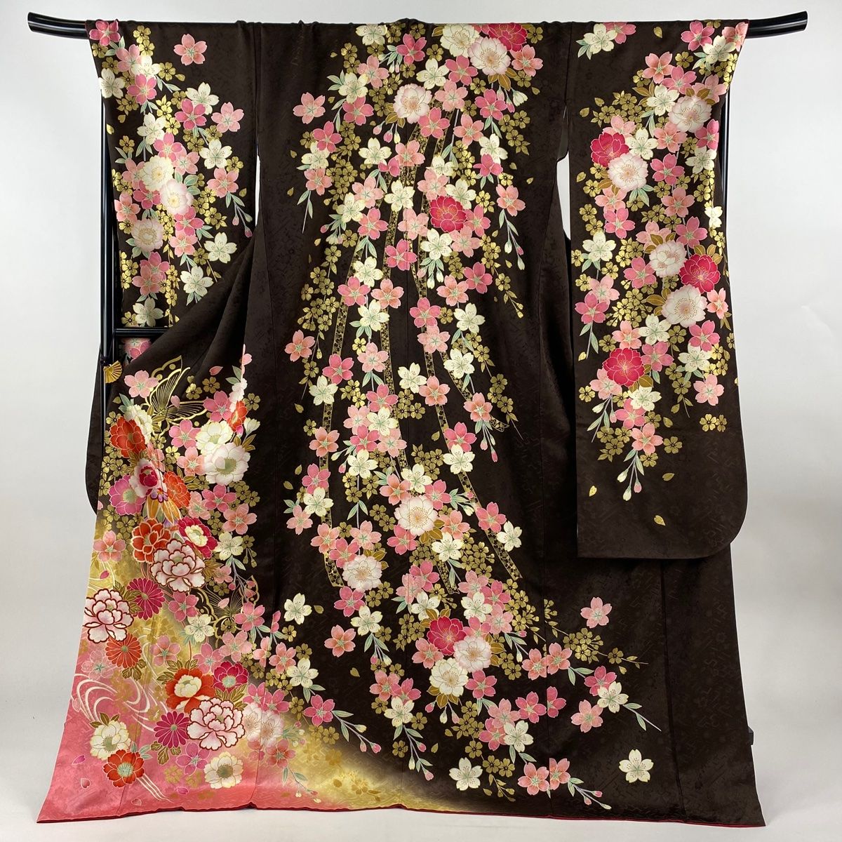 振袖 身丈176.5cm 裄丈72cm L 袷 蝶 草花 金彩 ぼかし 焦茶色 正絹  