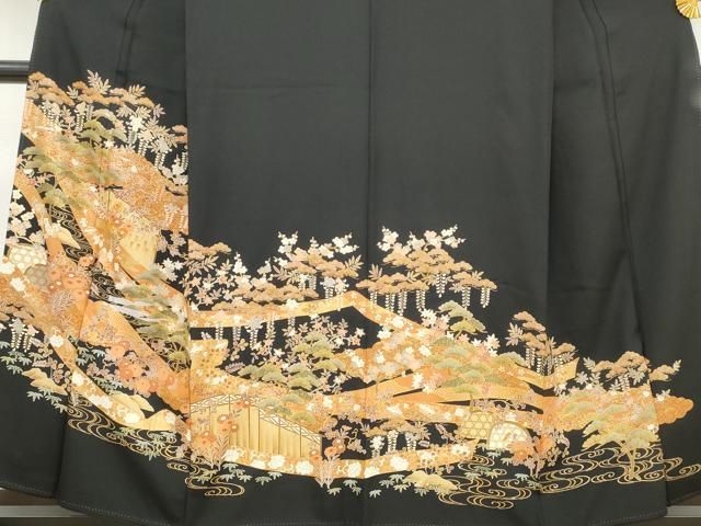 【着物+帯】正絹　黒留袖　松竹梅　豪華金駒　丸に橘　袷 平和屋着物□豪華黒留袖 駒刺繍 鬘帯松竹梅花文 金彩 正絹 逸品
