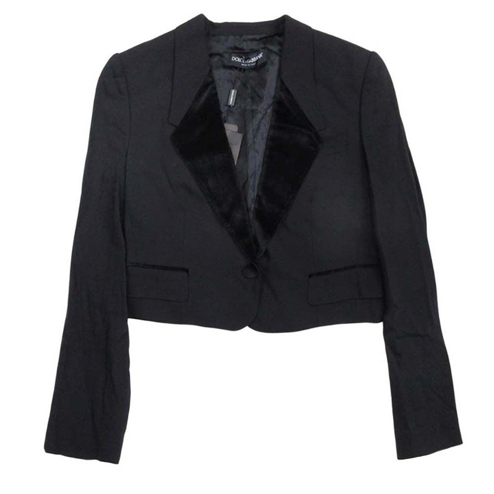 ♥ DOLCE-GABBANA ドルチェアンドガッバーナ ウール ベロア 1B クロップド テーラードジャケット 42 黒 ブラック レディース 古着