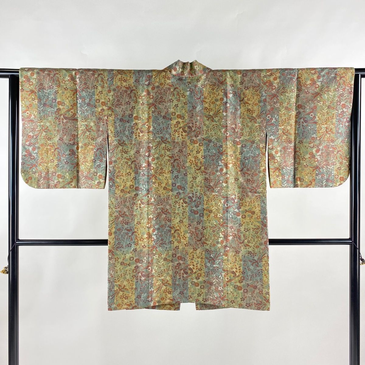 道中着 身丈90cm 裄丈63.5cm S 和装コート 着物衿 草花 鳥 鶯色 正絹 名品