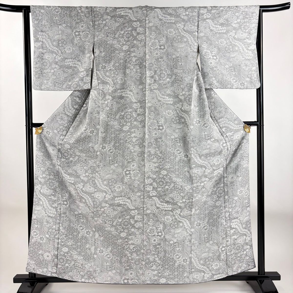 小紋 身丈161cm 裄丈63cm S 袷 草花 菱 紋意匠 灰色 正絹 名品