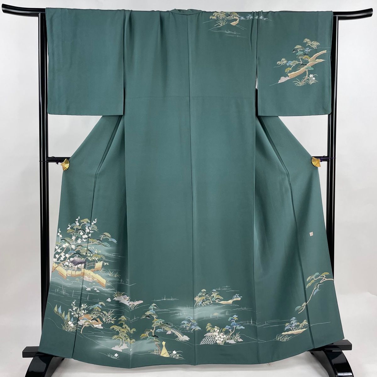 訪問着 身丈161cm 裄丈67cm M 袷 落款 家屋 松竹梅 ぼかし 灰緑 正絹 秀品
