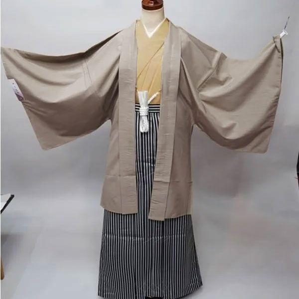 羽織 袴セット 男性用 S|M|L|LL|3Lサイズ 半襦袢 角帯 羽織紐付き 紋入れ可 縞袴 ベージュ系 NO34625