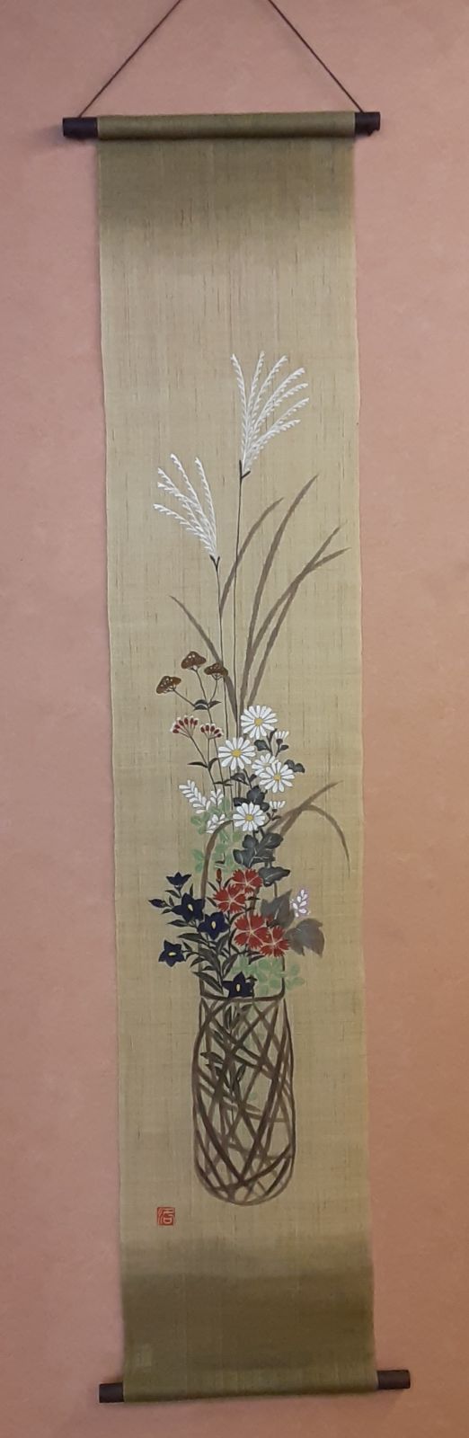 京都洛柿庵タペストリー かご花秋草 ルシエール のれん 掛軸