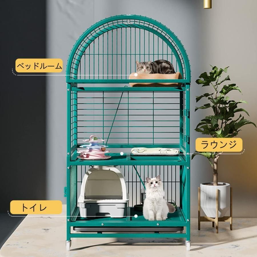 ゲージ引き出し式トレー付キャットケージ棚板とハンモック付きケージ 猫ドアロック