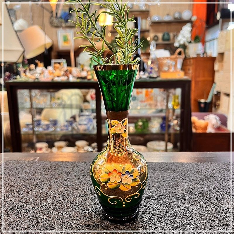アンティーク ベネチア 花瓶 エメラルドグリーン フラワーベース 金彩 花 ベネチアングラス 緑色 ME0522-3 
