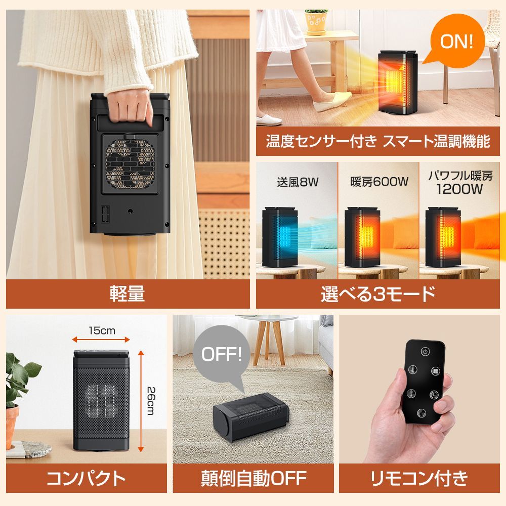 セラミックヒーター 安全装置 1200w リモコン付き セラミックファン