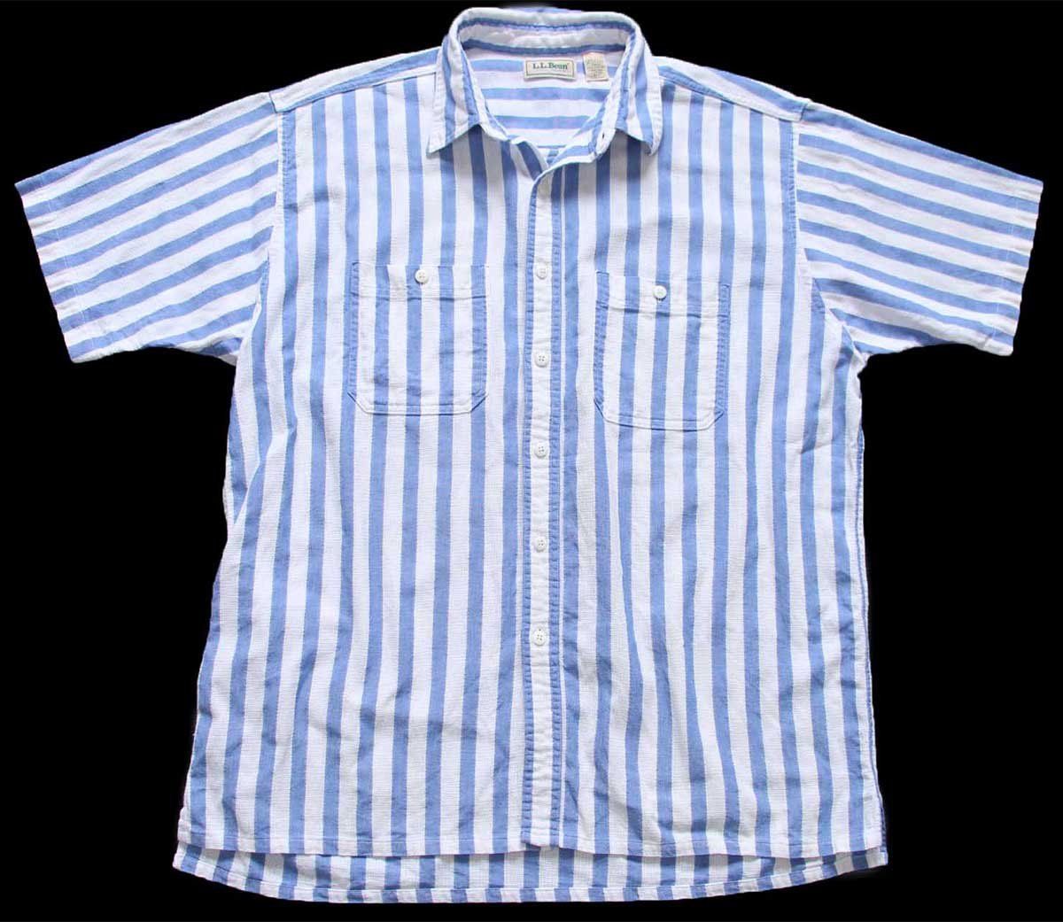 90s L.L.Bean COOL WEAVE ストライプ 半袖 コットンシャツ 青×白 L-R オールド ビンテージ アウトドア 織り柄 オーバーサイズ
