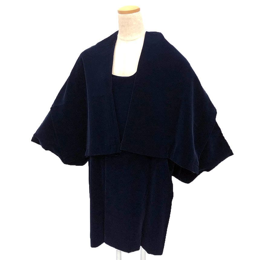 京やM457 ICHIDA謹製 ショール付き 着物コート 和装冬コート ベルベットコート ベロア 袷仕立て ラグラン袖 舟底袖 都衿 セミロング丈 紺 ネイビー フォーマル カジュアル兼用 仕立て上がり リサイクル着物