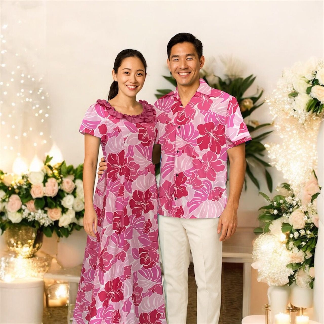 ムームーロングワンピースアロハシャツハイビスカス花柄ハワイおそろいペアルック ムームーロングワンピースアロハシャツハイビスカス花柄ハワイおそろい