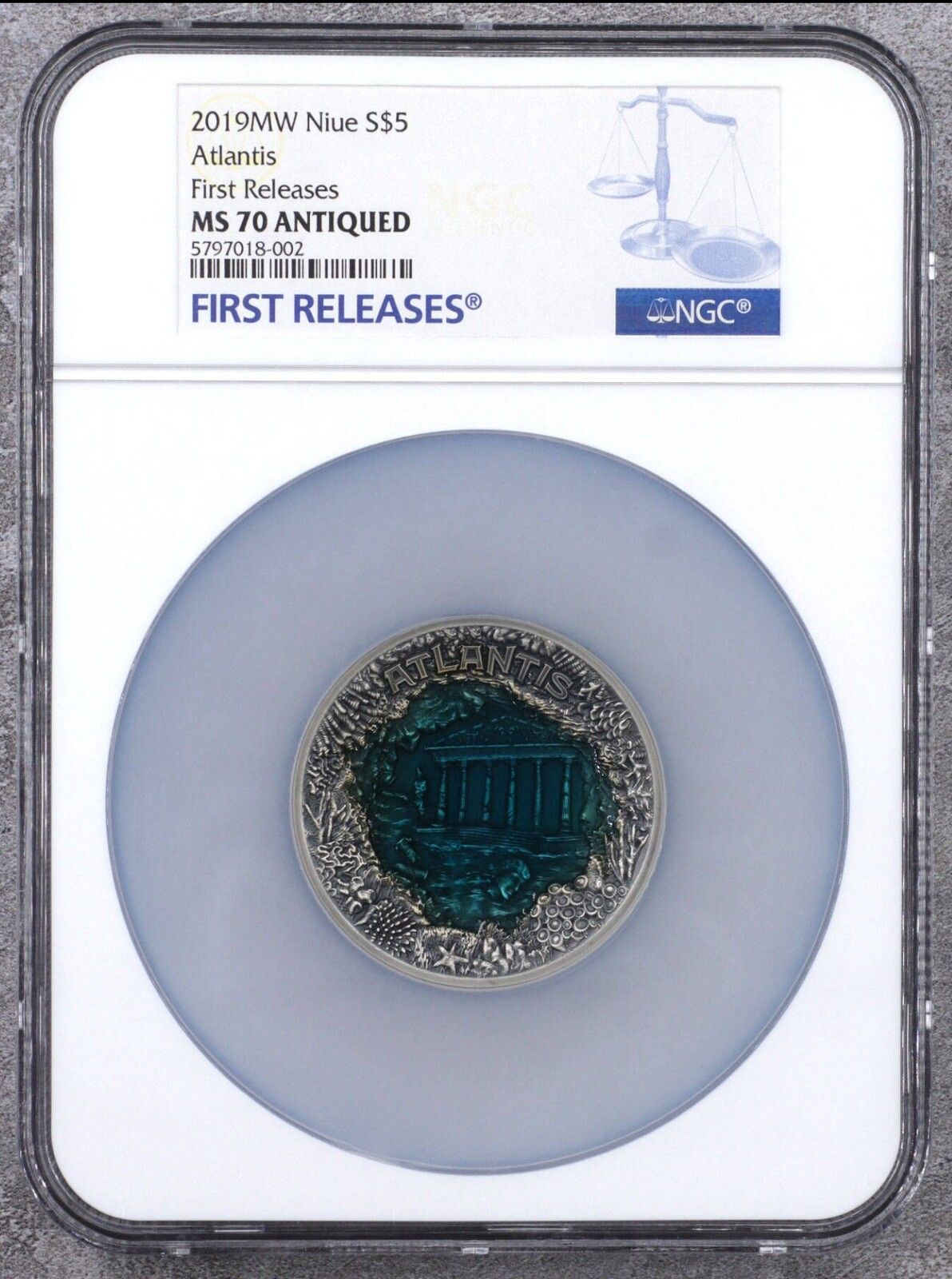 NGC MS70 FR Atlantis - The Sunken City 2 oz Antique finish Silver Coin Niue 2019