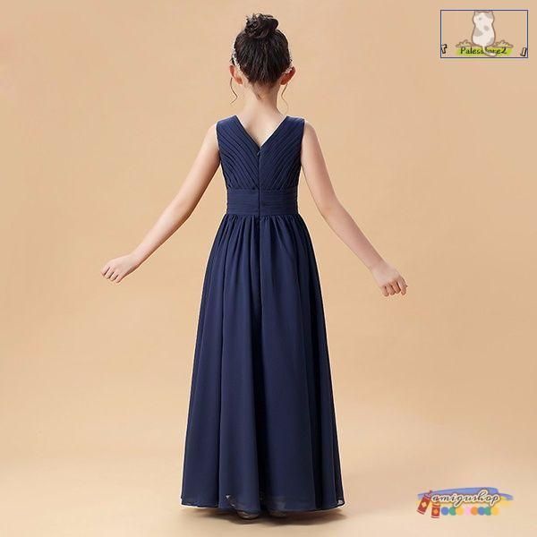 【上品で大人気♪】ピアノ発表会 ドレス 中学生 ワンピース ジュニアドレス 子供ドレス シンプル ネイビー ロング丈 グリーン シフォン お姫様 着やせ 上品 エ 毎日使い