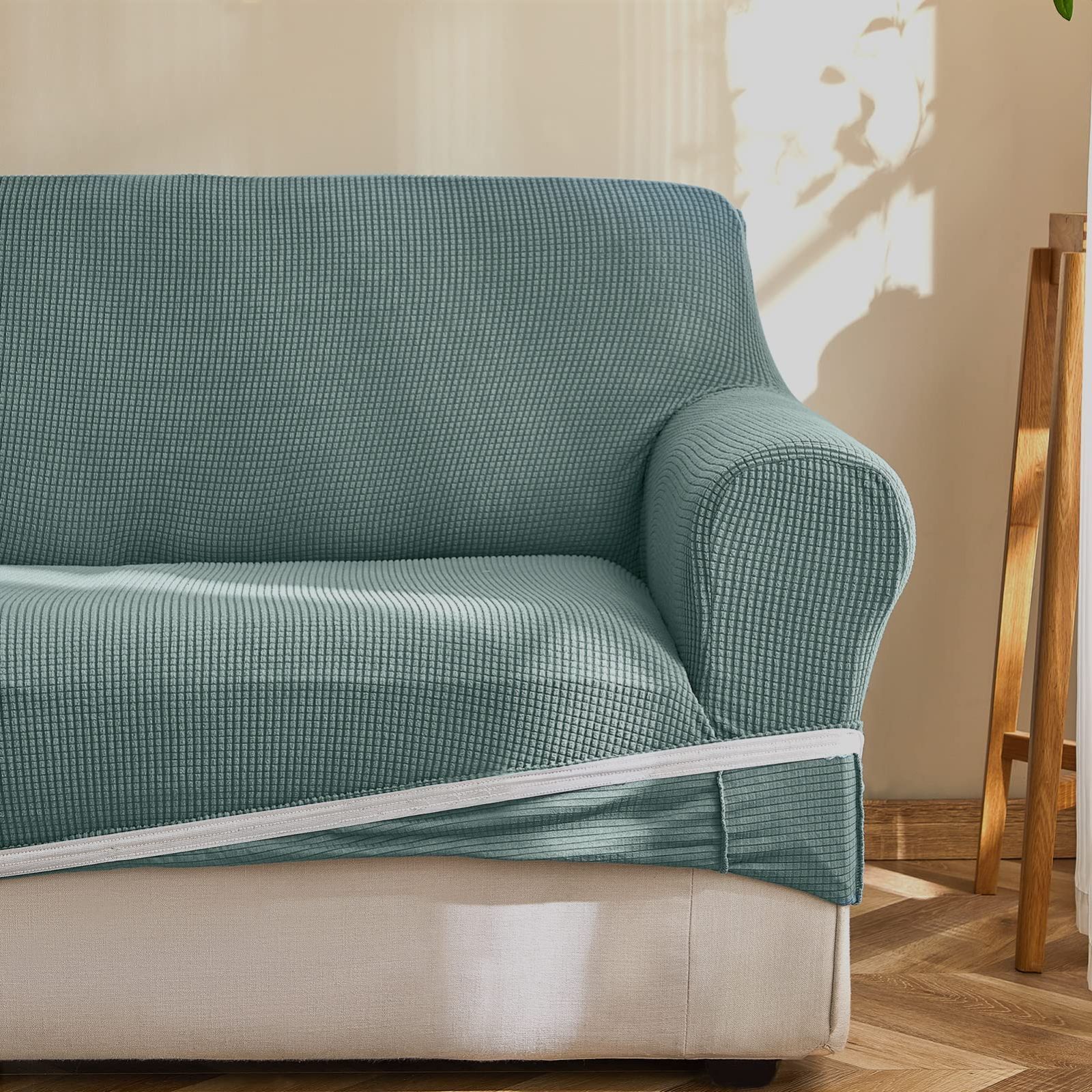 2人掛け_灰緑色 Topfinel ソファーカバー 2人掛け 肘付き 無地 北欧風 ストレッチ フィットタイプ 伸縮素材伸び良く 滑り止め 柔らかい 犬 猫 傷 防止 超便利 四季適用 (灰緑色)