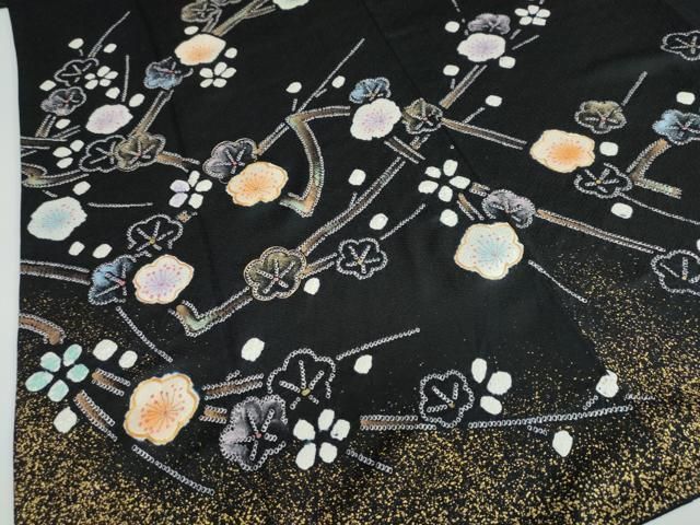 平和屋着物○訪問着 駒刺繍 絞り 枝梅文 黒地 金彩 正絹 逸品