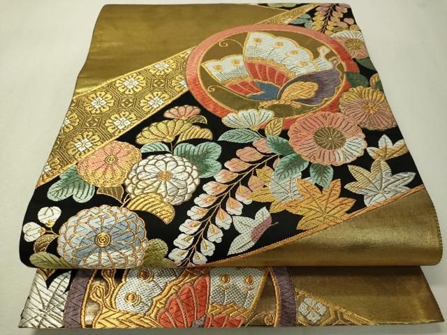 V9470 ●高級 正絹 唐織 能衣松に蝶丸文 六通 袋帯 V9470 ○高級 正絹 唐織 能衣松に蝶丸文 六通 袋帯（平和屋着物