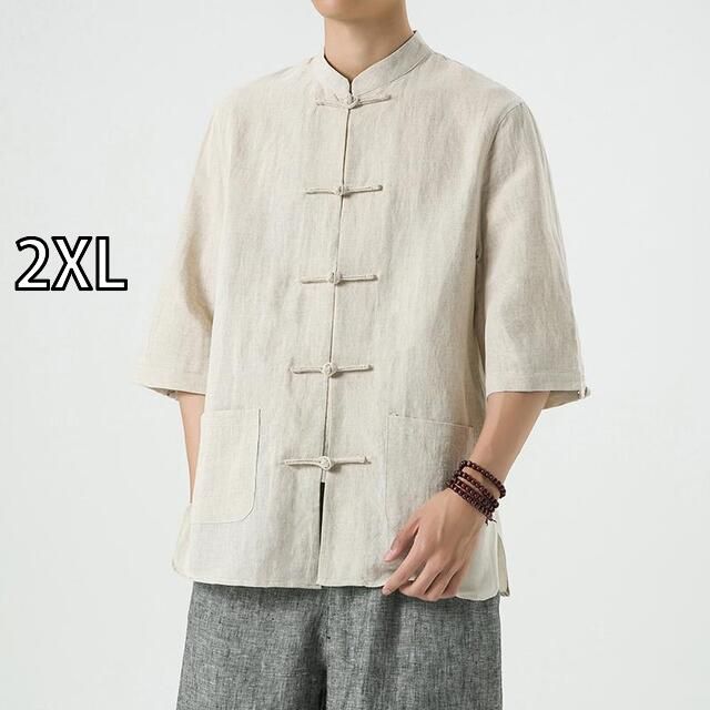 [2XL] メンズ ファッション 服 男性用 オシャレ シンプル 大人 かっこいい 大きいサイズ ストリート 紳士服 唐 スーツ リネンシャツ ジャケット 七分袖 ボタン アップ シャツ 綿 リネン トップ