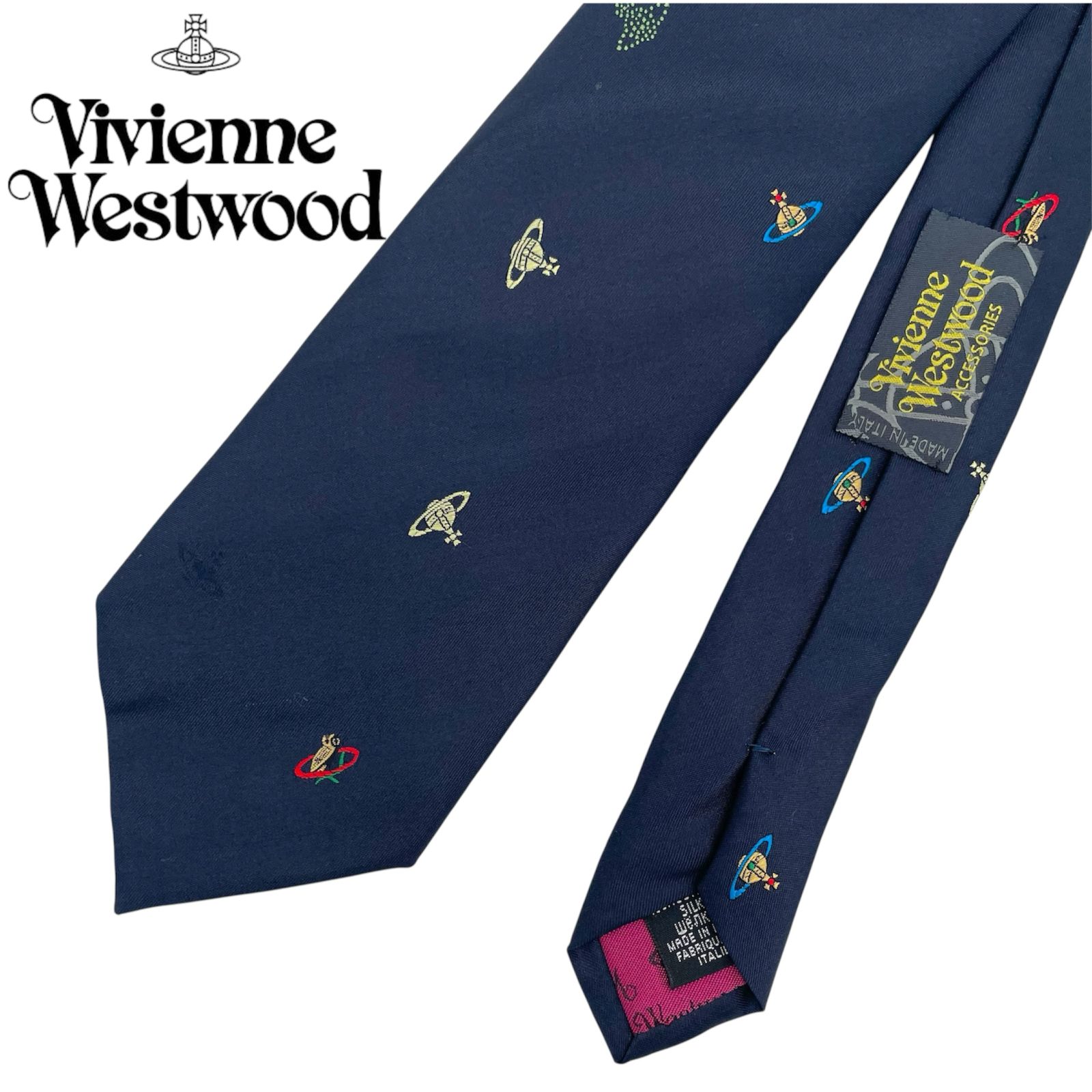 ヴィヴィアンウエストウッド ネクタイ オーブ ロゴ 総柄 ネイビー シルク Vivienne Westwood ヴィヴィアン ・ウエストウッド BRICK ORBS