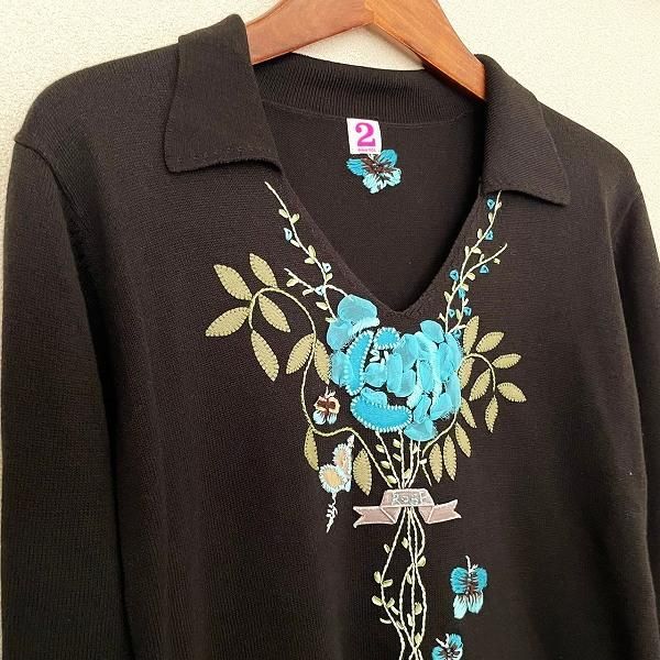 wnc トクコ TOKUKO2emeVOL ニット セーター 40 黒系 シルク混 刺繍 花